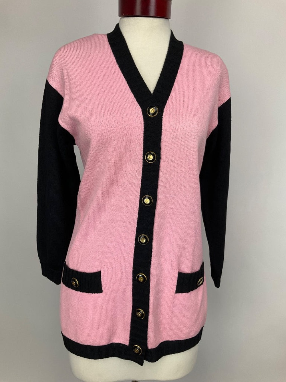 St. John Collection Pink and Black Button Front Cardigan
